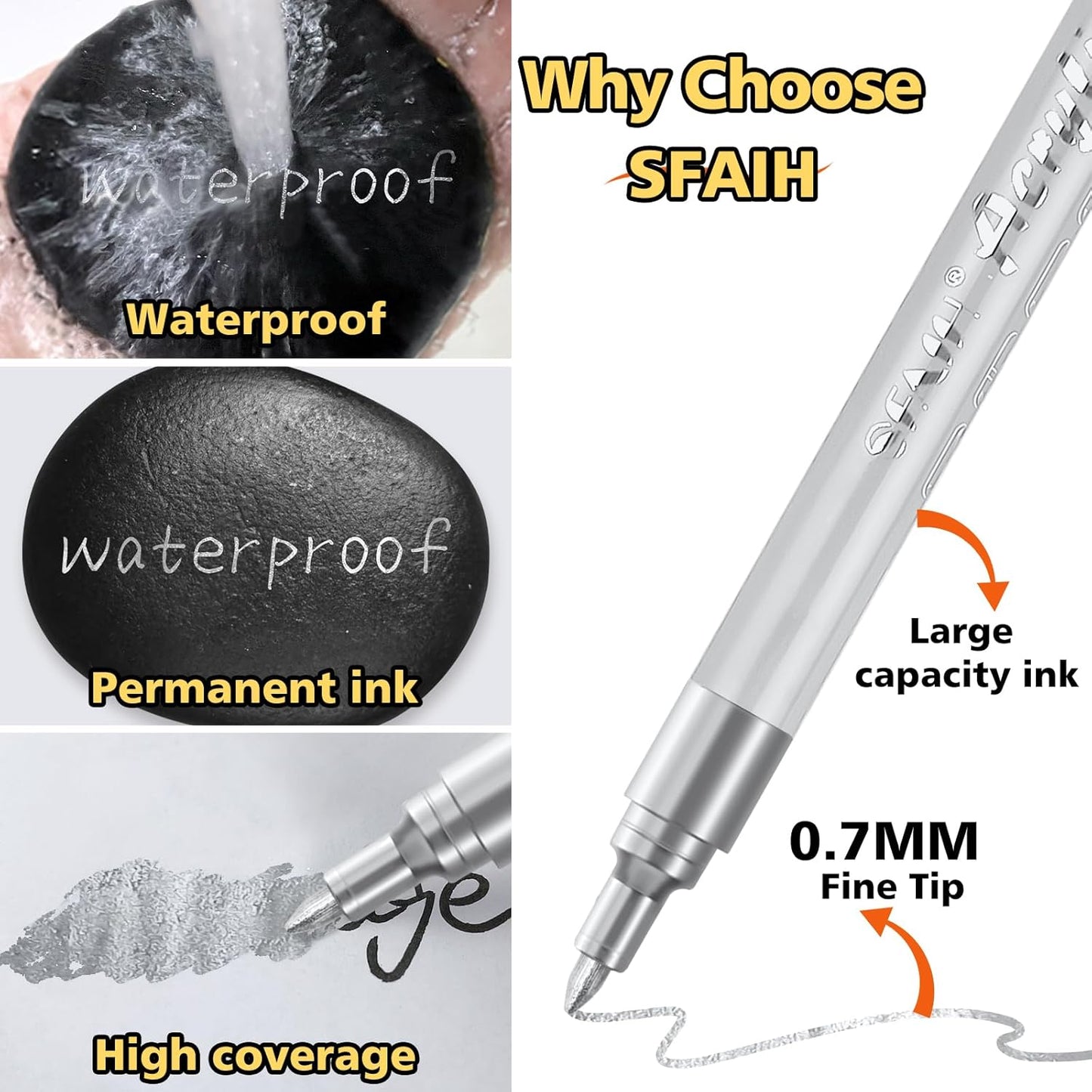 SFAIH Silver Paint Markers Pens -4 Pack 0.7MM Fine Tip Acrylic Markers for Rock Painting, Wood, Metal, Fabric, Plastic, Canvas, Glass, Ceramic, Diy Crafts, Drawing, Tire