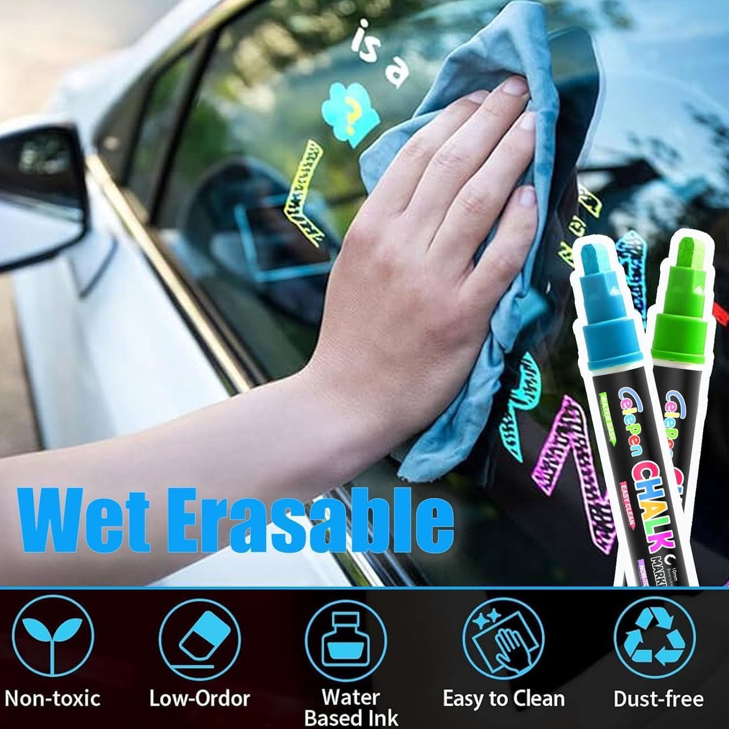 Window Chalk Markers for Cars Glass Washable, 10 Colors Jumbo Liquid Chalk Marker Pens with 10mm 3 in 1 Nib Wide Tips, Big Chalkboard Markers Car Window Paint Pens for Auto, Bistro, Mirror, Poster