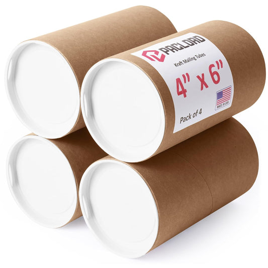4" x 6" Reinforced Kraft Paper Mailing Tubes, Pack of 4 Tubes with 2 Caps Each – USPS Approved Poster Tube – Made in USA Cardboard Tube for Shipping and Storing Posters, Prints, Artwork, or Documents