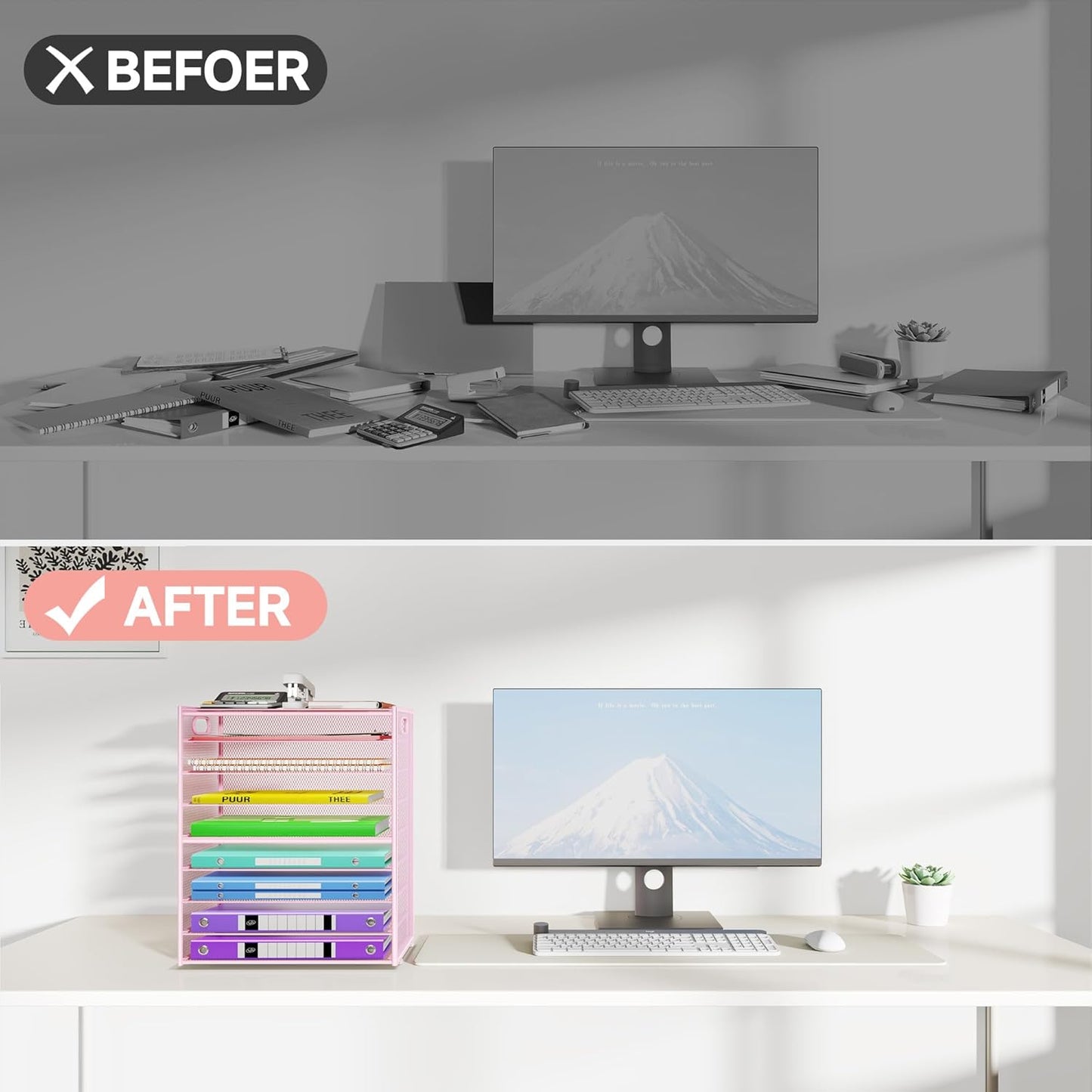 9 Tier Paper Organizer with Handle, Large Capacity Desk Organizer Mesh File Folder Letter Paper Tray Desktop Document Sorter for Classroom, School, and Office Accessories Organization- Pink