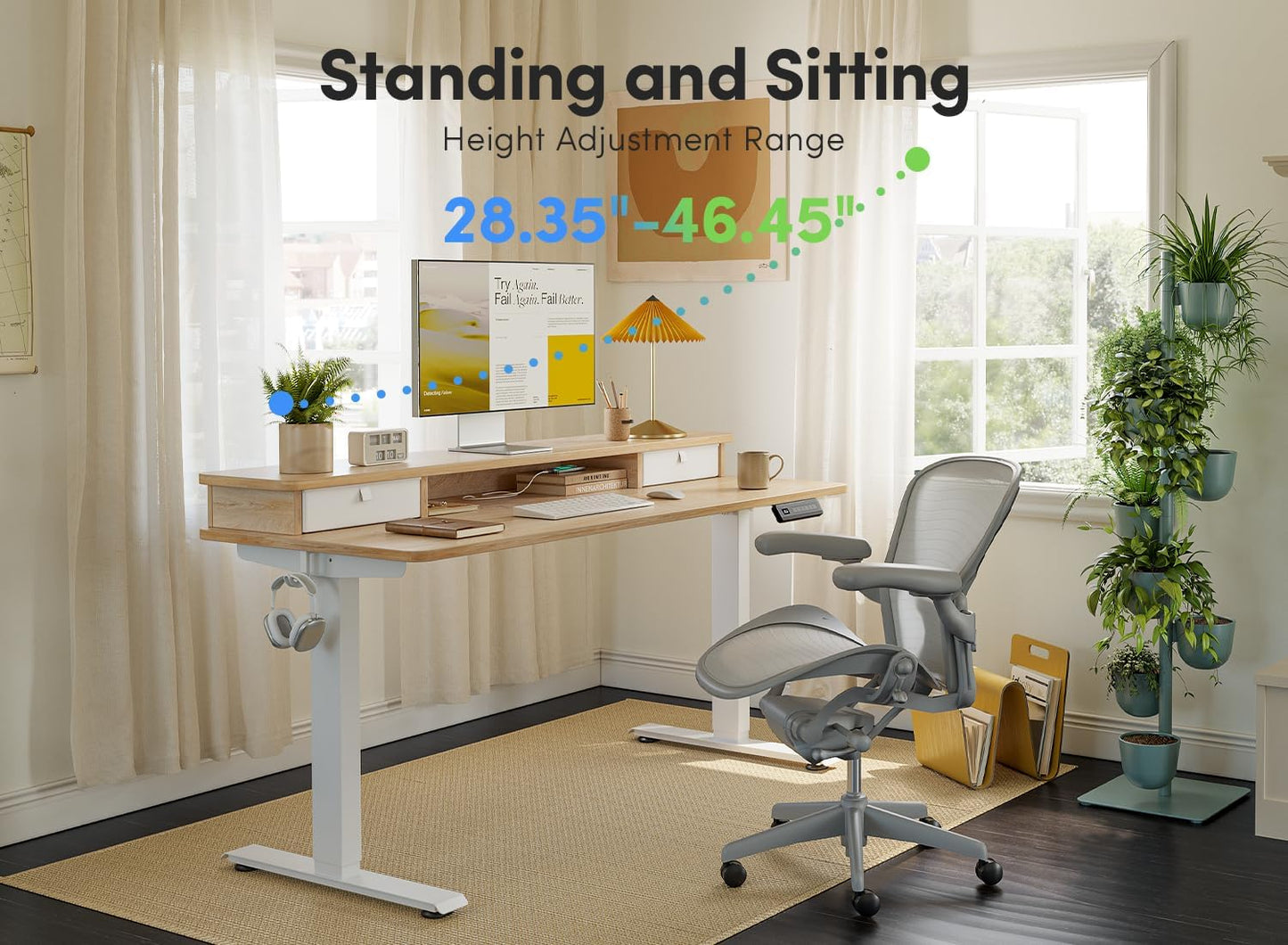 FEZIBO 48 x 24 Inch Height Adjustable Electric Standing Desk with Double Drawer, Computer Desk, Home Office Stand Up Table with 4 Height-Adjustable Feets & 2 Hooks, Maple