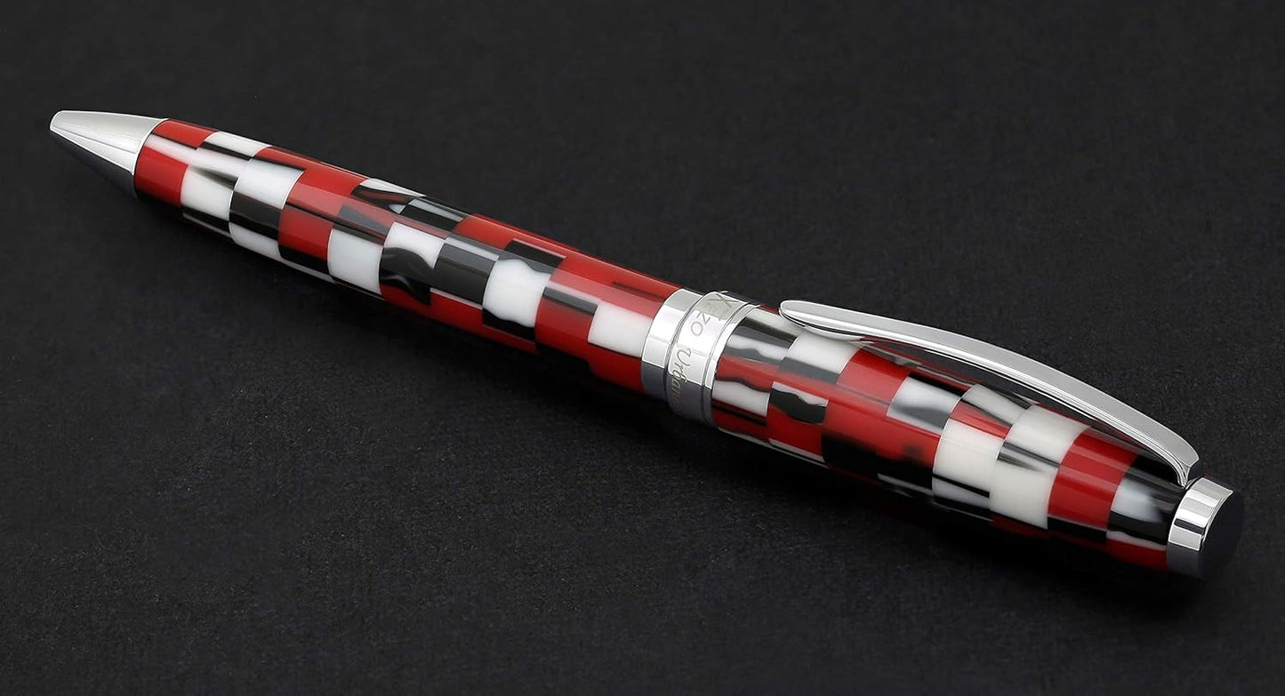 Xezo Urbanite II Ballpoint Pen, Medium Point. Sporty Red, Black, and White Checkered Acrylic on Brass. Chrome Plated. Handcrafted, Limited Edition, Serialized
