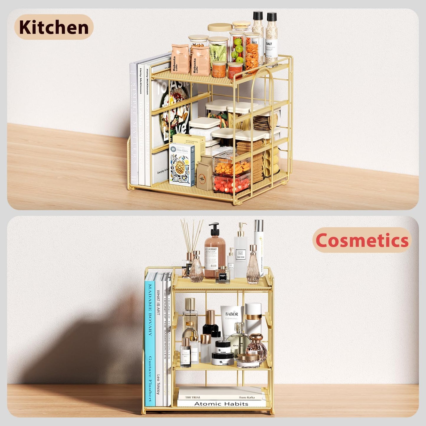 Desk File Organizer and Accessories, 4-Tier Paper Organizer with Vertical File Holder, Office Desk Accessories & Workspace Organizers and Storage for Office Supplies (Gold)