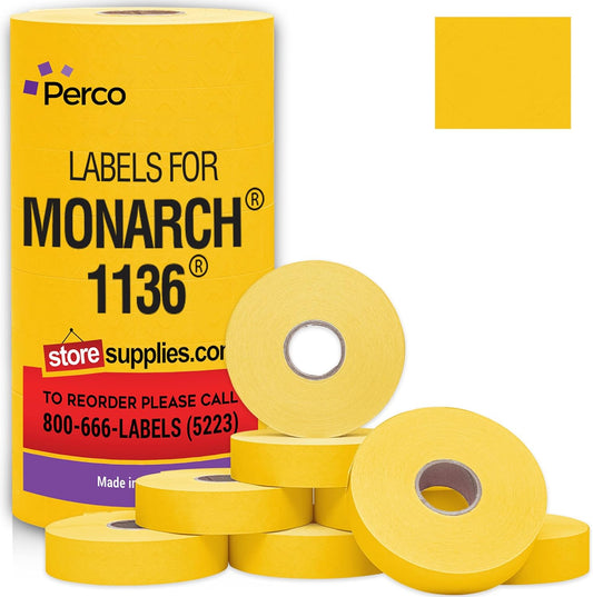 Perco Yellow Pricing Labels for Monarch 1136 Price Gun - 1 Sleeve, 8 Rolls, 14,000 Price Marking Labels - with Ink Roll Included