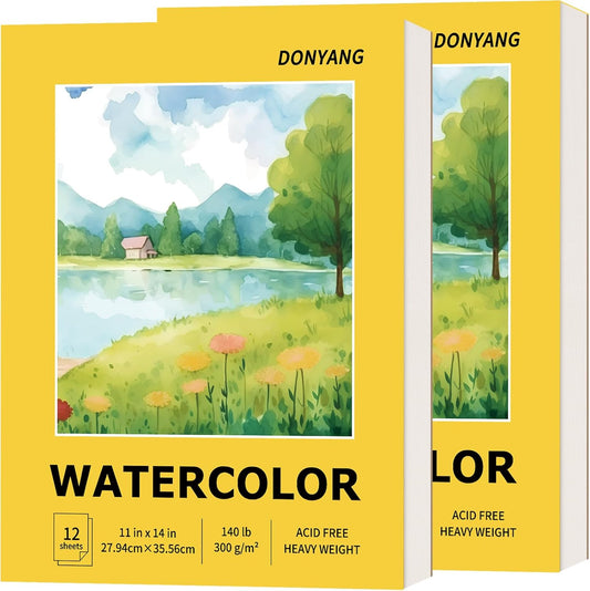 2-Pack 11"x14" Watercolor Paper Pad, Bulk School Teacher Supplies for Adults, 140 lb Cold Press Watercolor Paper for Valentines, Easter, 12 Sheets Art Sketch Coloring Painting Drawing Book Paper