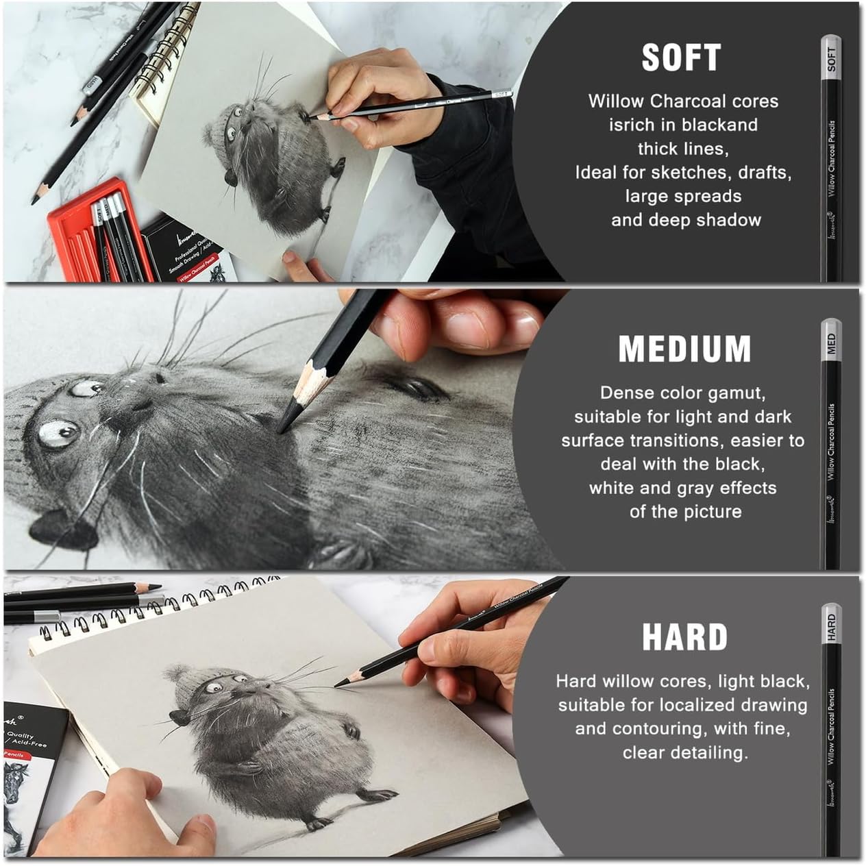 Professional Charcoal Pencils Drawing Set - 8 Pieces Soft Medium and Hard Willow Charcoal Pencils for Drawing, Sketching, Shading