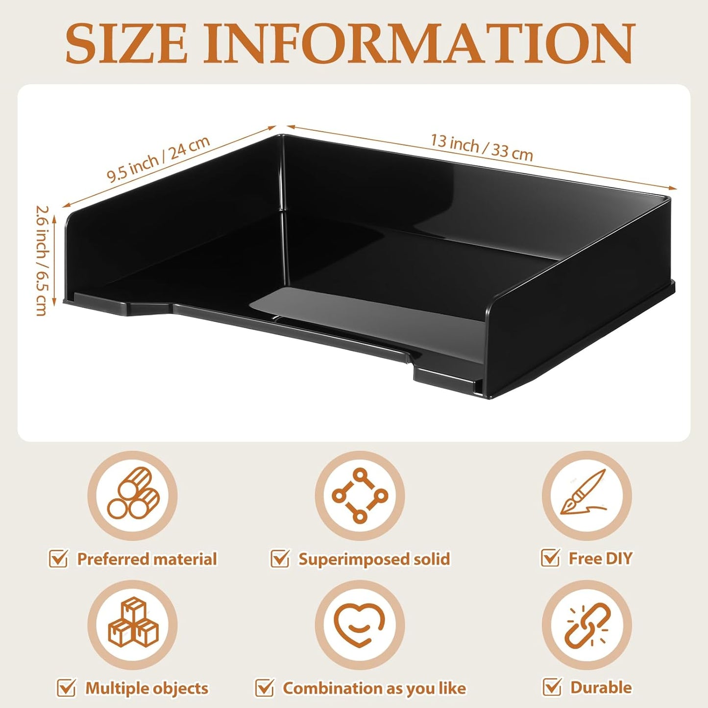 8 Pcs Stackable Letter Tray Rectangular Plastic Desk Organizer 13 x 9.5 x 2.6 in Paper Holder File Tray Accessories Rack for Desktop Office Desk Drawers (Black)