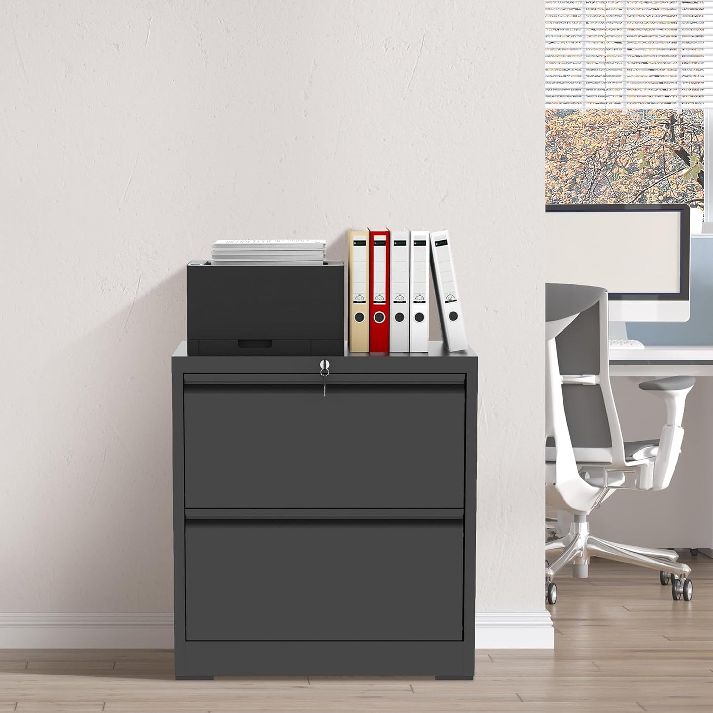 2 Drawer File Cabinet with Lock, Black Metal Lateral Filing Cabinets for Home Office, Heavy Duty Steel Horizontal Locking Storage Cabinet for Legal/Letter/A4 Size File, Assembly Require