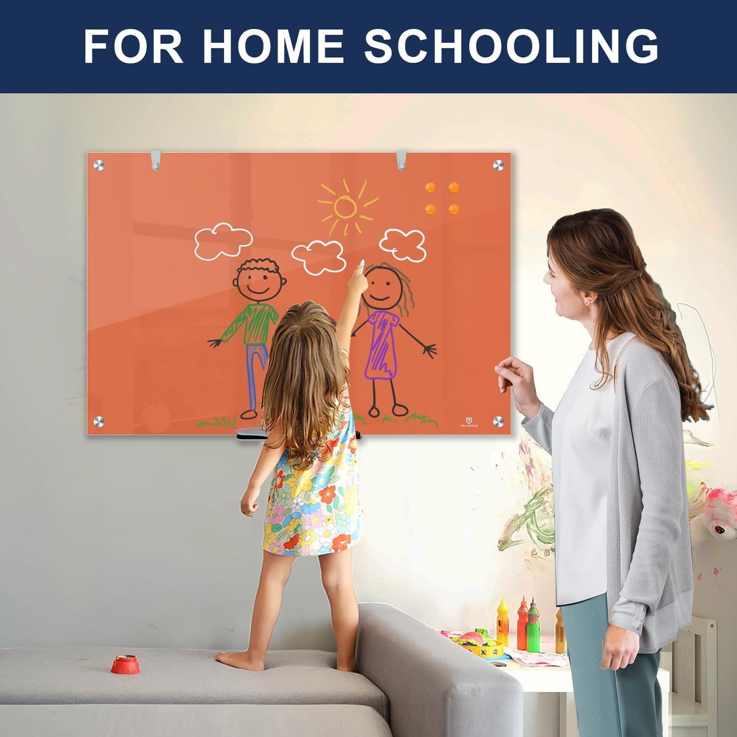 TSJ OFFICE Glass Dry-Erase Board - 36 x 24 Inches Wall Mounted Magnetic Whiteboard, Large Frameless Glass White Board for Office, Home & School, Orange