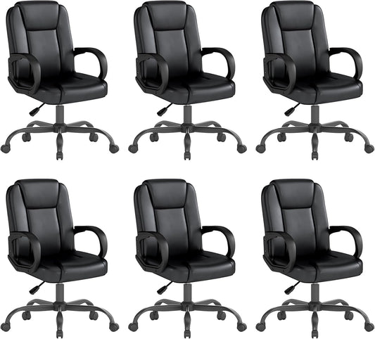 ZZH Executive Office Chair, Leather Desk Computer Chair with Armrests, Mid-Back Swivel Adjustable for Home Office, 6PC, Black