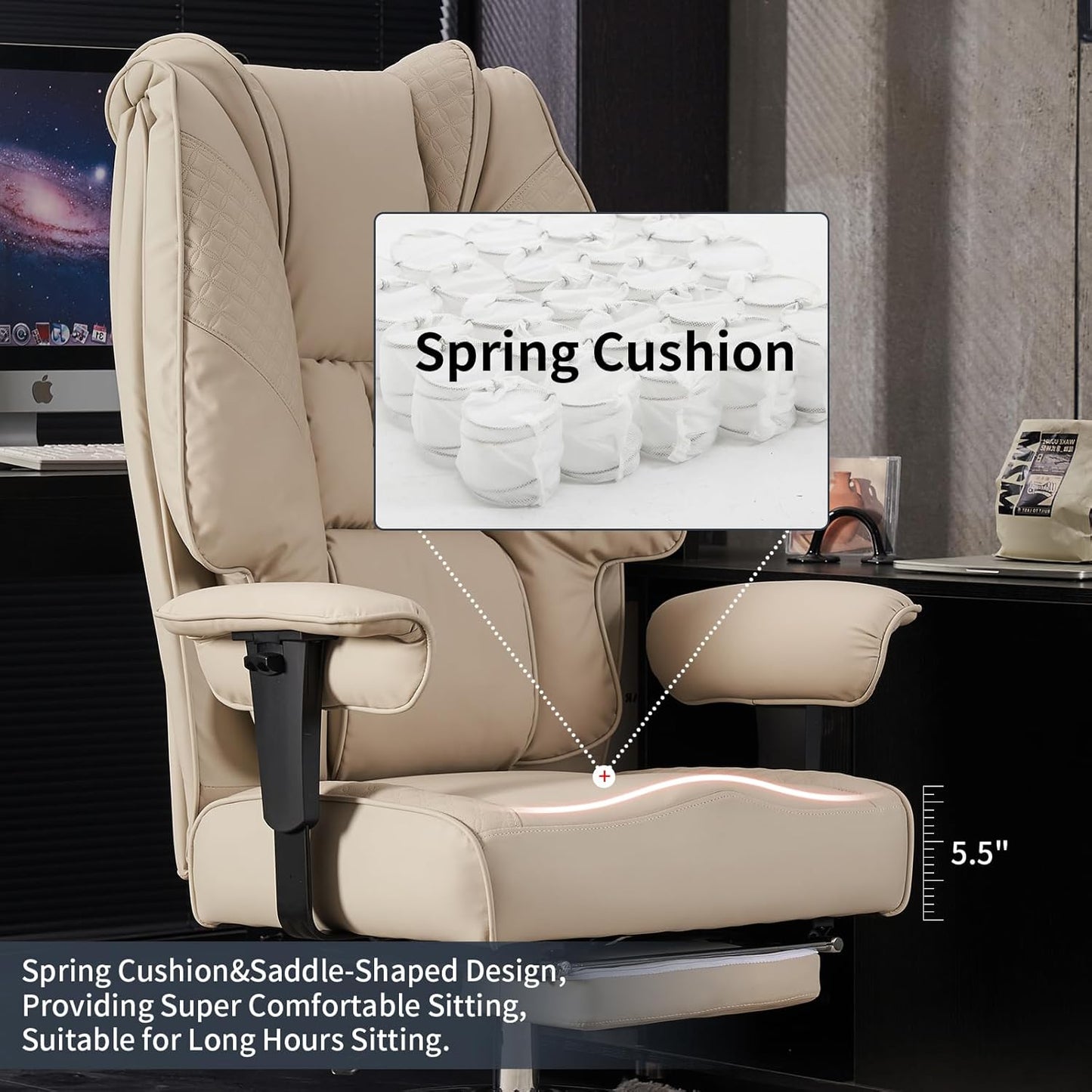 Big and Tall Office Chair 400lbs Wide Seat, Leather High Back Executive Office Chair with Foot Rest, Ergonomic Chairs Lumbar Support for Lower Back Pain Relief (Beige)