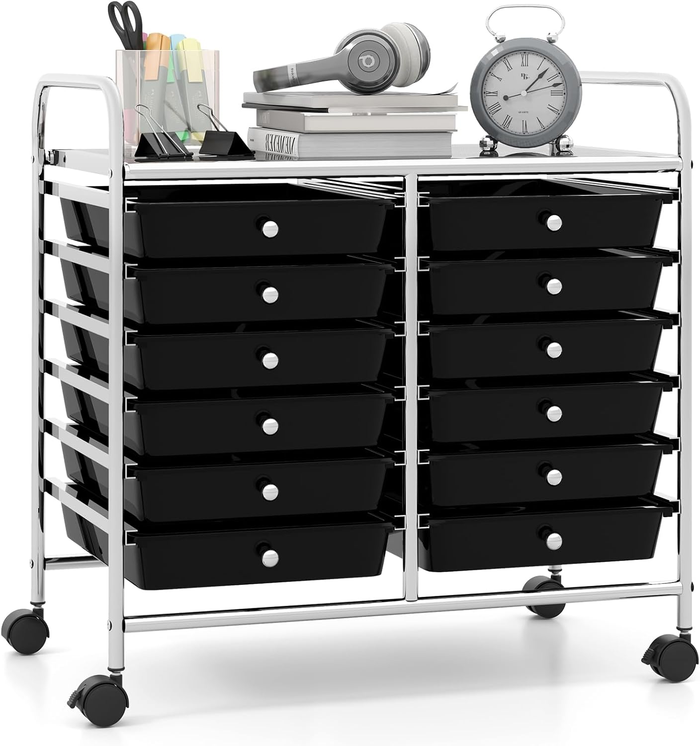 Giantex 12 Drawers Rolling Cart, Mobile Storage Drawer Cart, Classroom Organizer Cart for Office School Supplies Tools Scrapbook Paper Craft Small Printer, Utility Cart on Wheels, Black
