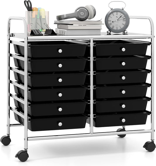 Giantex 12 Drawers Rolling Cart, Mobile Storage Drawer Cart, Classroom Organizer Cart for Office School Supplies Tools Scrapbook Paper Craft Small Printer, Utility Cart on Wheels, Black