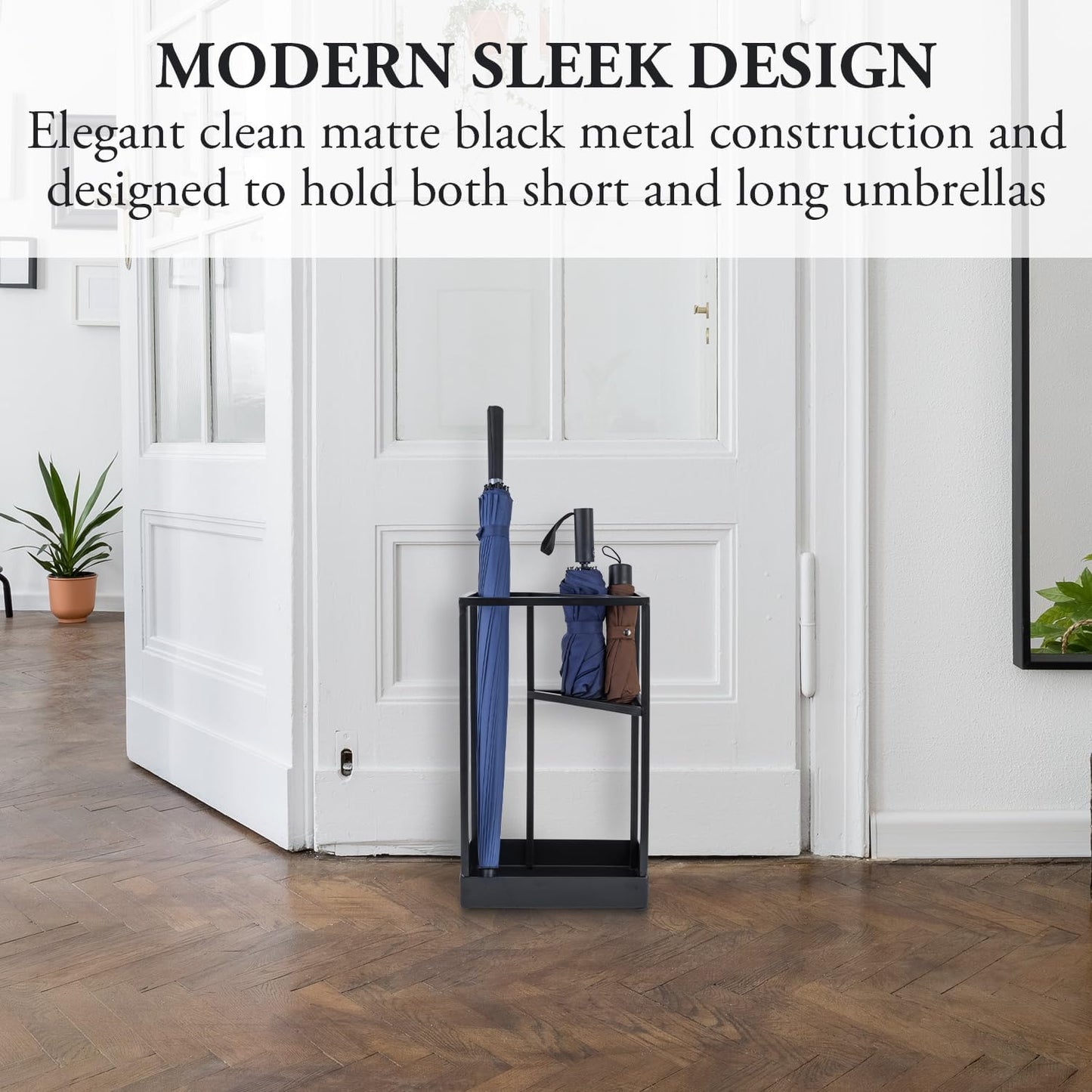 MyGift 20 Inch Tall Modern Brass Tone Metal Geometric Freestanding Entryway Umbrella Rack or Cane Holder with Shelf for Small Umbrellas and Bottom Drip Tray (Black-Large)