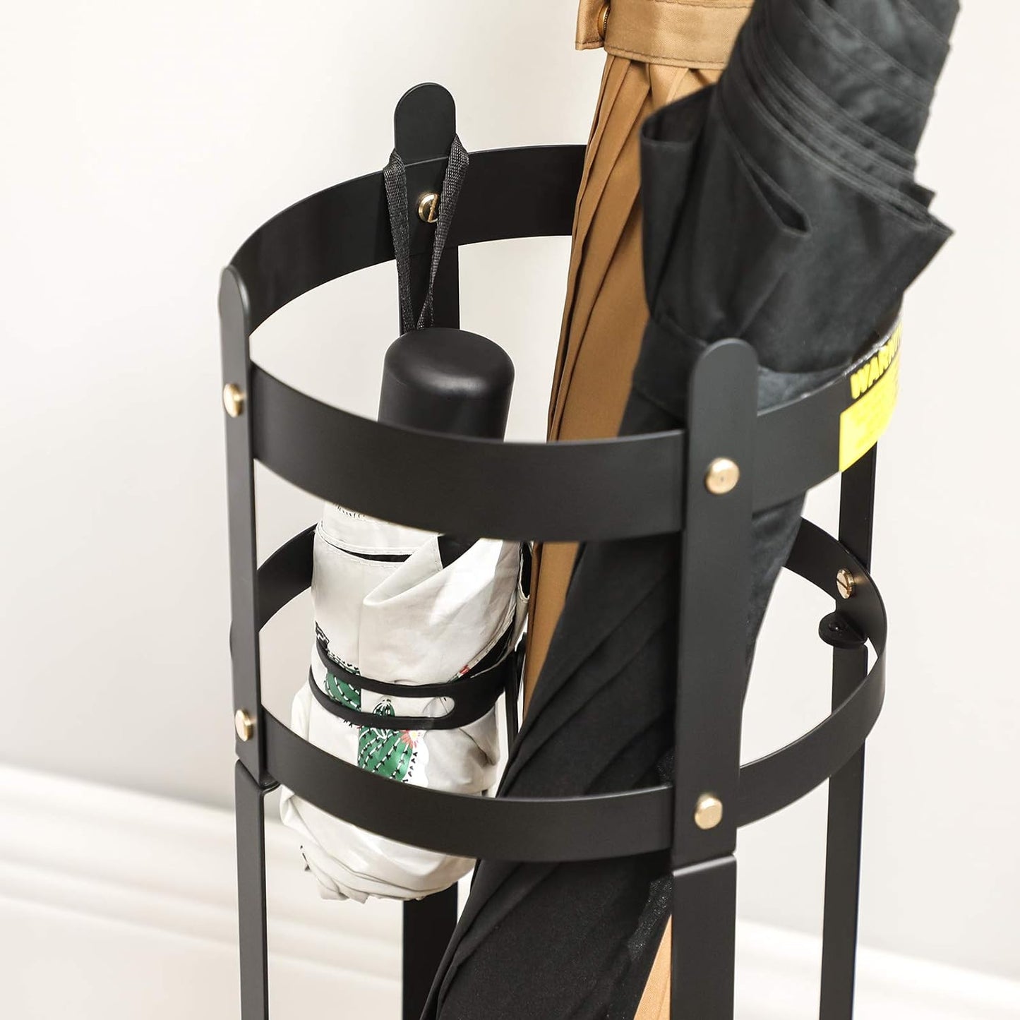 SONGMICS Umbrella Stand, Steel Round Umbrella Holder Rack, 7.7 x 7.7 x 21.7 Inches, with Detachable Drip Tray, for Entryway, Office, Stable, Assembly Required, Matte Black ULUC28BK