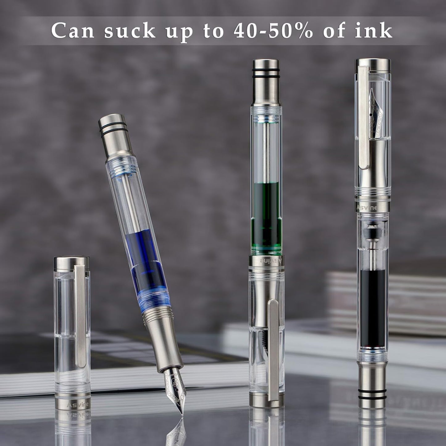 Asvine Vacuum Filling Fountain Pen Luxury Titanium Fine Point Pen V200 Series, Clear Demonstrator Smooth Writing Pen Gift Case