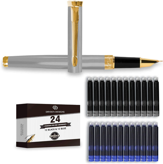 Dryden Designs Fine Nib Fountain Pen - Includes 24 Ink Cartridges - 12 Black and 12 Blue - Silver - Smooth Elegant Writing with Fine Nib and Ink Converters