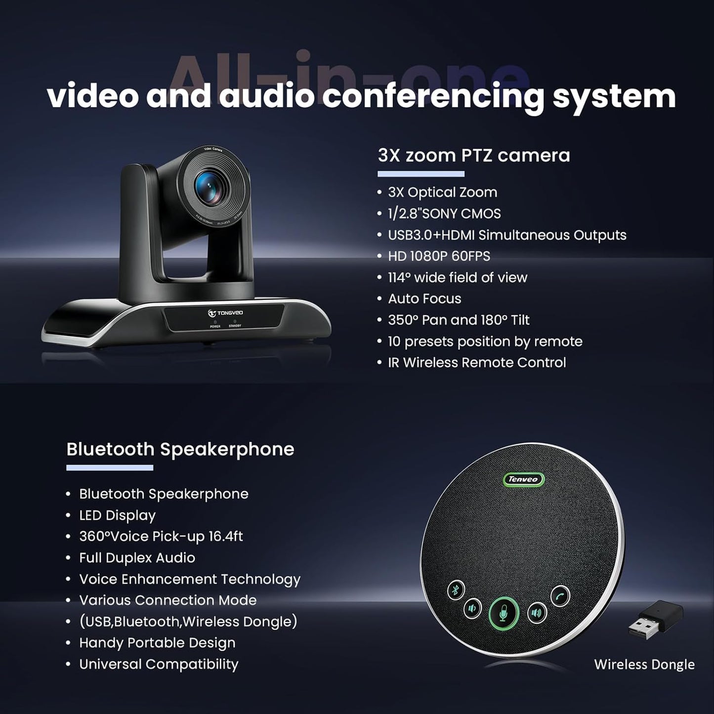 All-in-One Conference Room Video Camera System Bundle HD 1080P 60fps 3X Optical Zoom USB3.0 HDMI PTZ Camera and Bluetooth Conference Speakerphone with Microphones