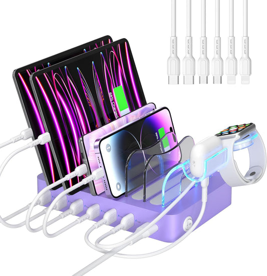SooPii Premium 6-Port USB Charging Station Organizer for Multiple Devices, 6 Short Charging Cables and One Upgraded i-Watch Charger Holder Included, for Phones,Tablets and Other Electronics, Purple