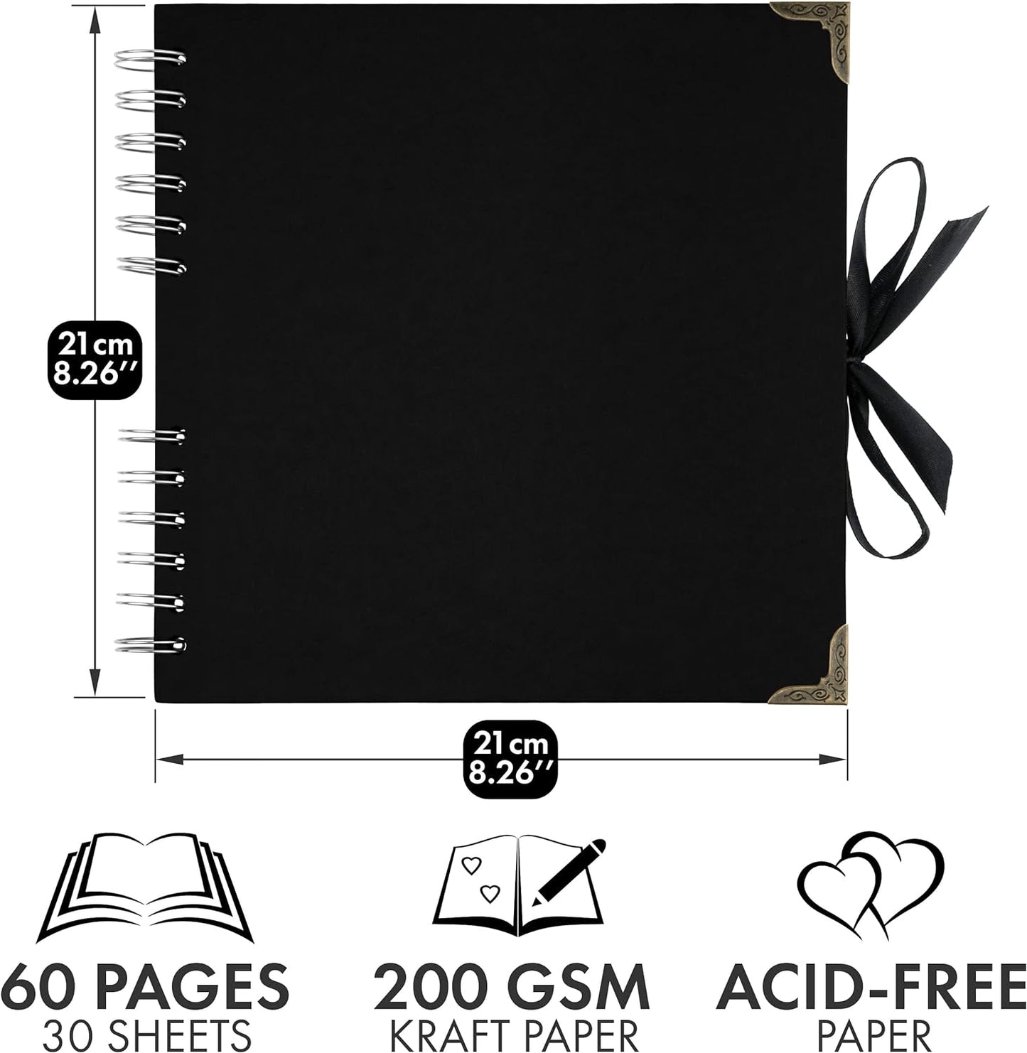 Bstorify Scrapbook Album 60 Pages (8 x 8 inch) Black Thick 250gsm Kraft Paper, Corner Protectors - Scrap Book, Ribbon Closure - Ideal for Your Scrapbooking Albums, Art & Craft Project
