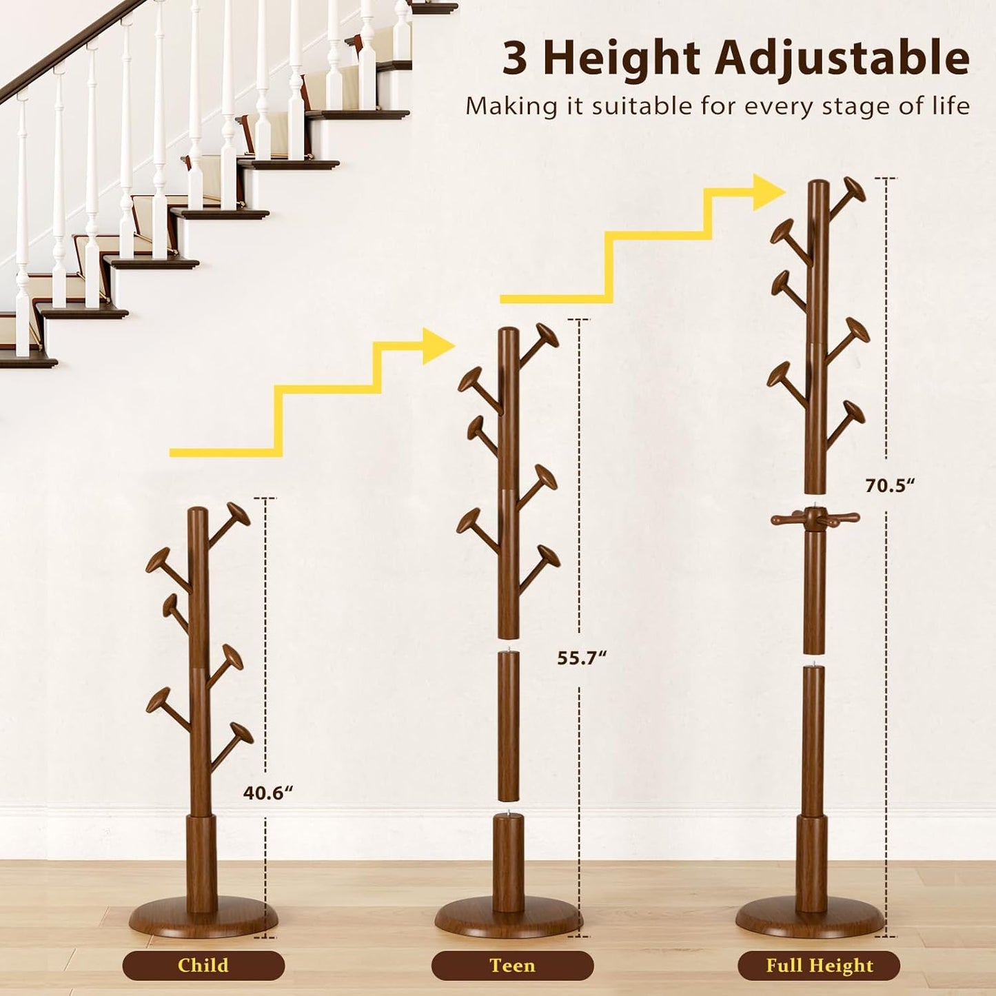 Solid Wood Coat Rack Freestanding Coat Tree with 10 Hooks for Bedroom, Livingroom, Entryway, Sturdy Coat Hanger Stand for Hats, Coats, Scarves, Handbags, Purses