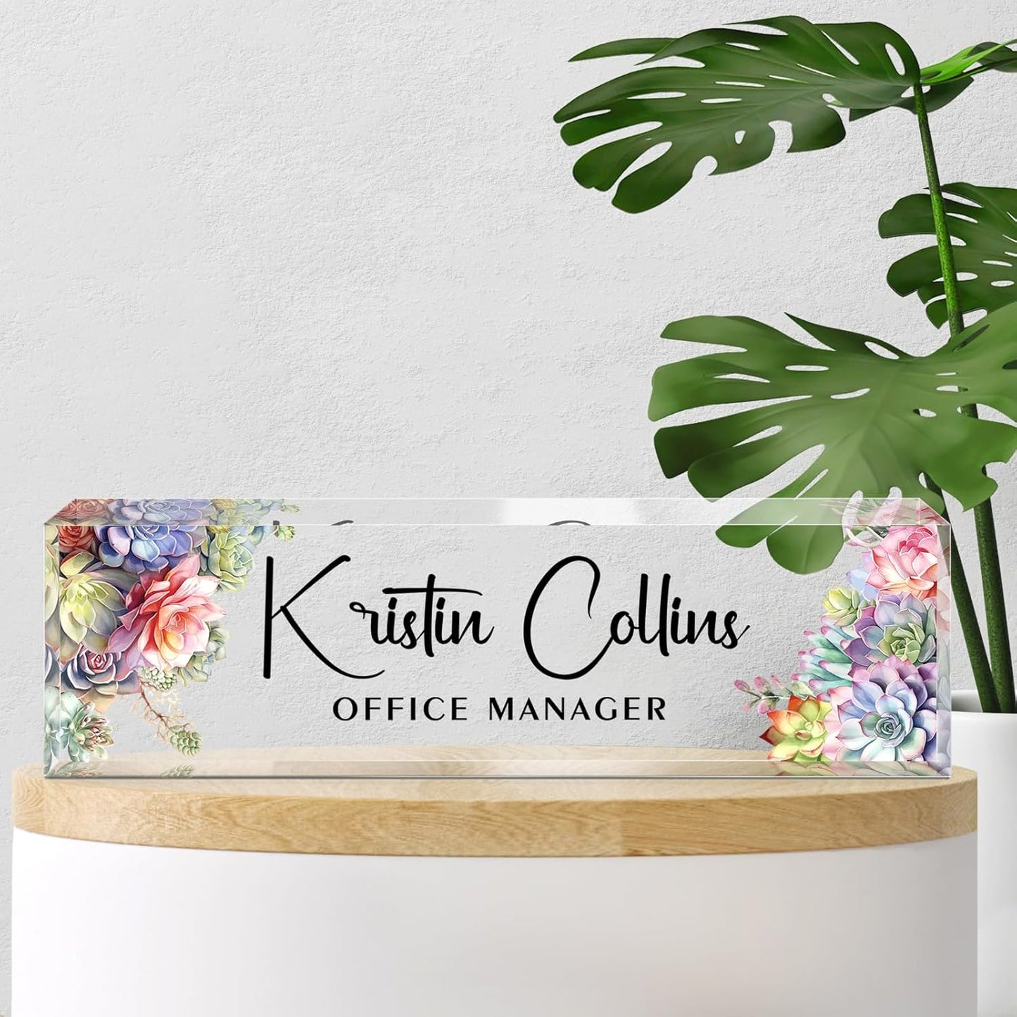 Custom Name Plate for Desk, Acrylic Office Decor For Women Men, Personalized Office Desk Accessories, Teacher Employee Appreciation Gifts For Social Worker Boss Coworkers (Succulent 1)