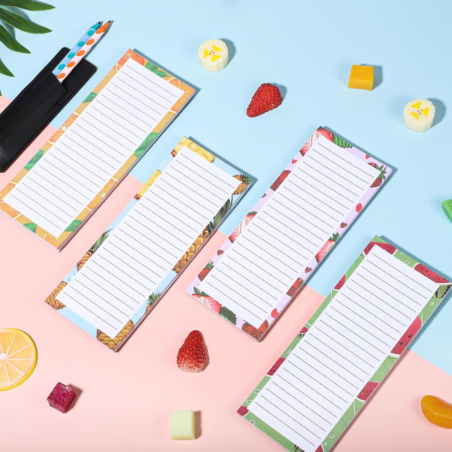 4 Pack Magnetic Note Pad for Fridge with Pen Holder, Totally 200 Sheets Grocery List Magnet Pad for Refrigerator Magnetic Shopping List Pad（Fruit Design）