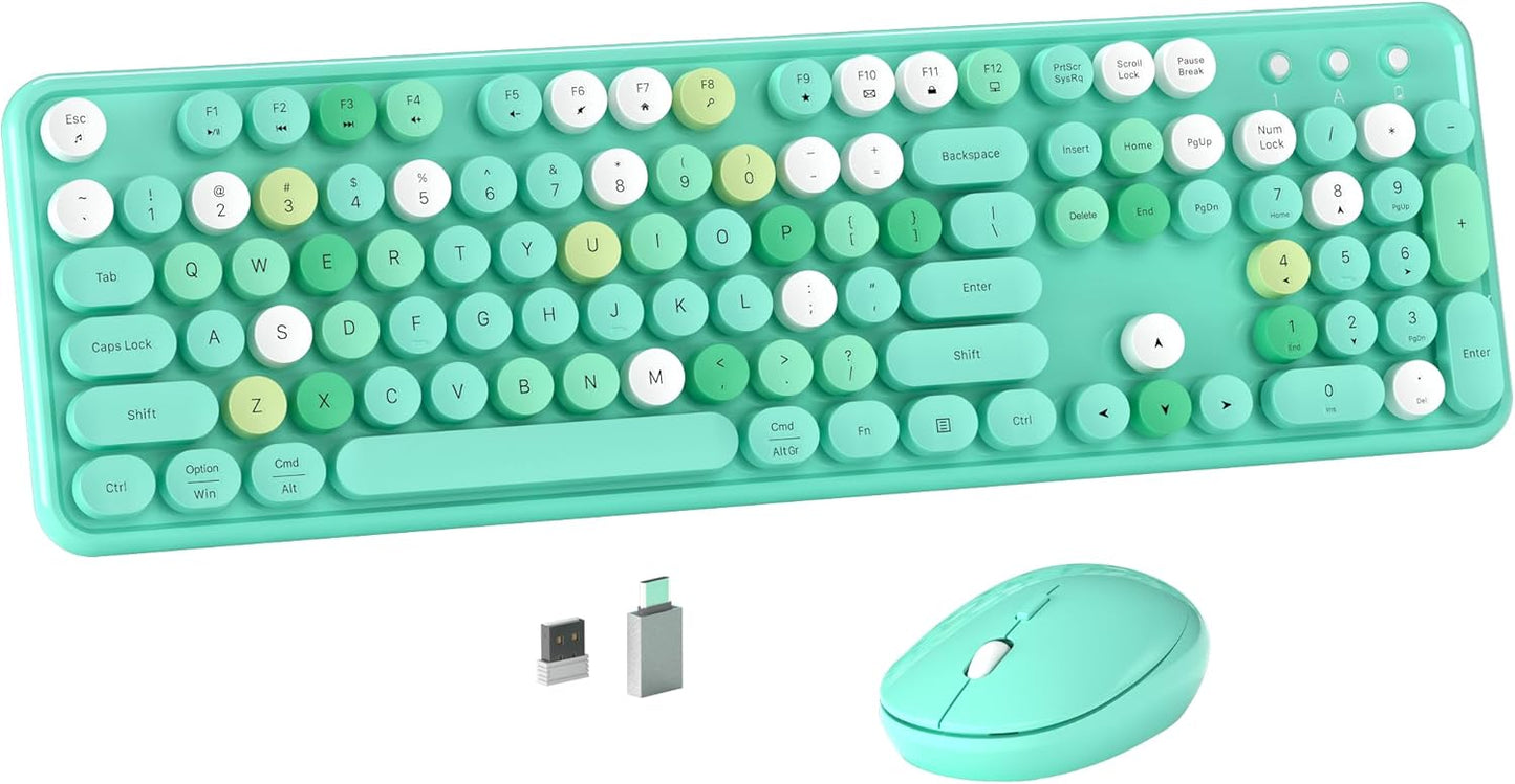Colorful Wireless Computer Keyboard and Mouse Combo with Round Typewriter Keycaps, Retro Design, Power Switch, Ergonomic Design, 2.4GHz Wireless for Windows, Mac, PC(Green-Colorful)