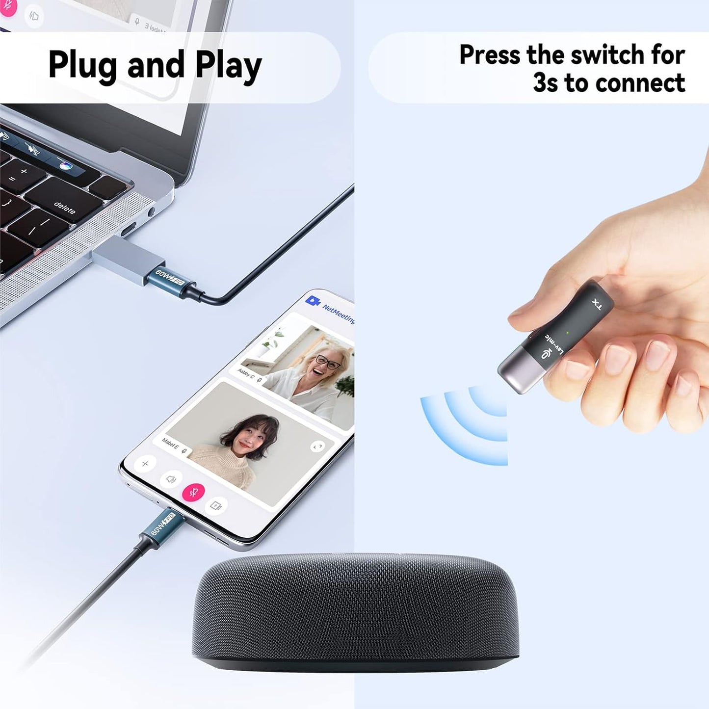 Conference Speaker and Microphone, USB Speakerphone w/Muteable/65ft Wireless Distance/360° Pickup & Noise Cancellation Conference Room Omnidirectional Microphone for Home Office