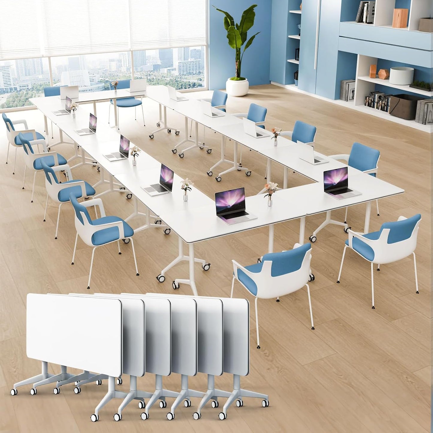 6Pack Folding Conference Room Table, Modern Conference Tables with Silent Wheels, Large Rectangular Mobile Training Tables for Office Classroom, Foldable Modular Seminar Table White (L70.9in)