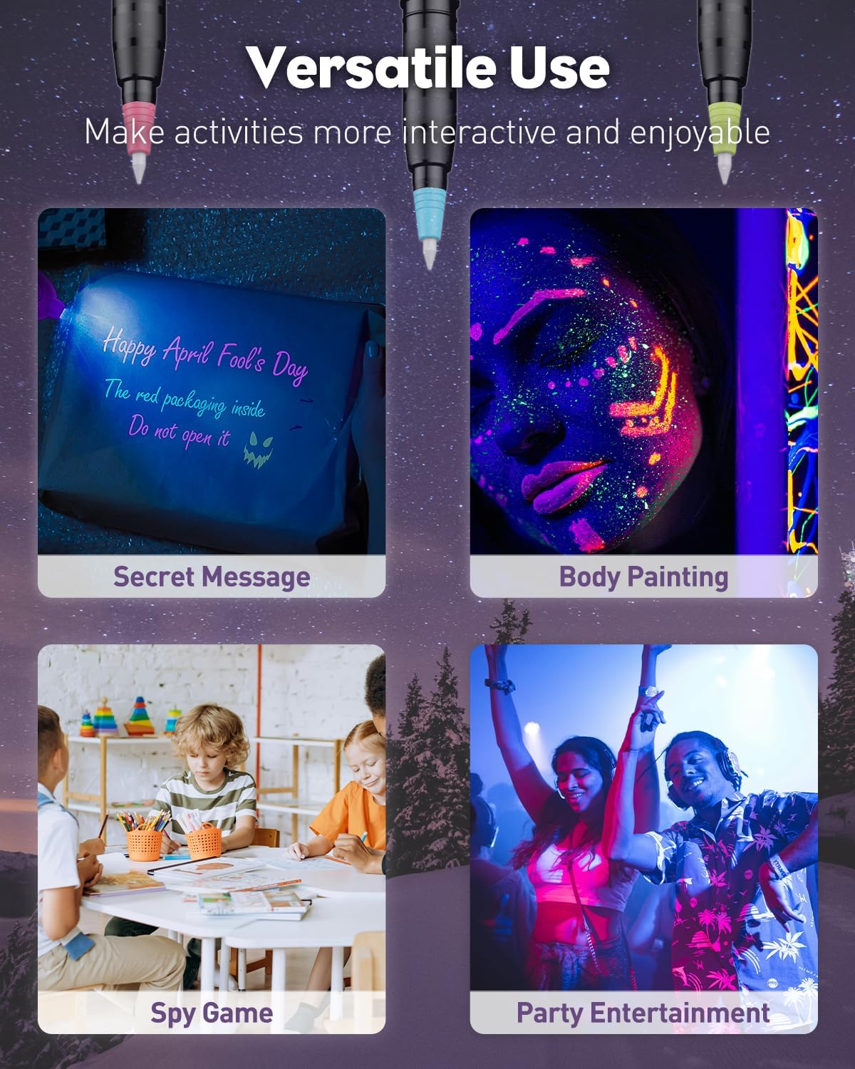 Uniclife 3 Pcs Invisible Ink Pen with 3 Pcs UV LED Keychain Flashlight, Spy Pen, Disappearing Ink Magic Pen for Secret Notes, Magic Spy Marker with Purple Light for Christmas Halloween Holiday Present