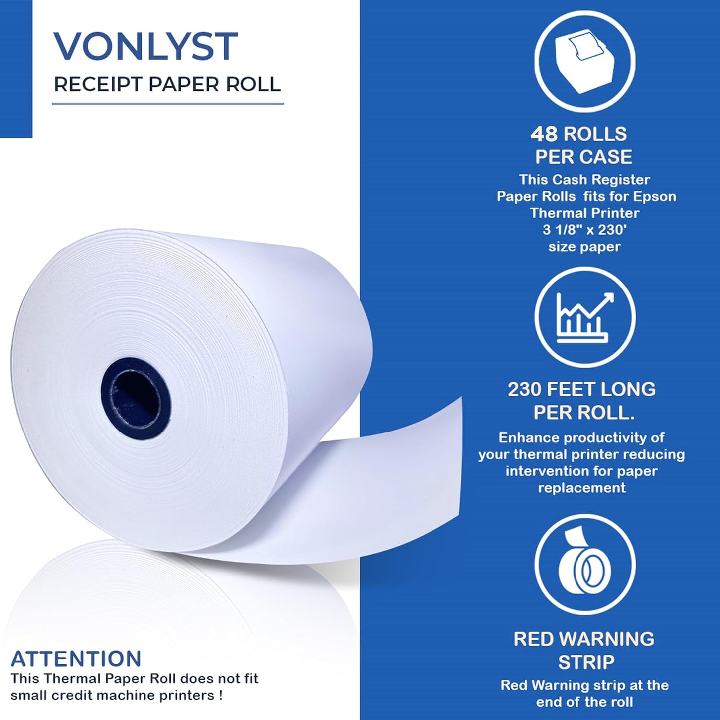 3 1/8 x 230 Thermal Paper Receipt Roll for Epson Printer (Pack 48 rolls)