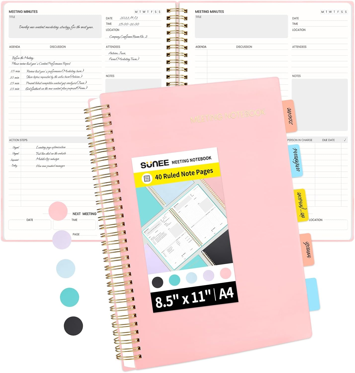SUNEE Meeting Notebook for Work with Sticky Tabs - 160 Pages, A4 Size Project Planner, Spiral Meeting Agenda/Minutes Notebook Organizer for Women Men, Note Taking, Office & Business, 8.5"x11", Pink