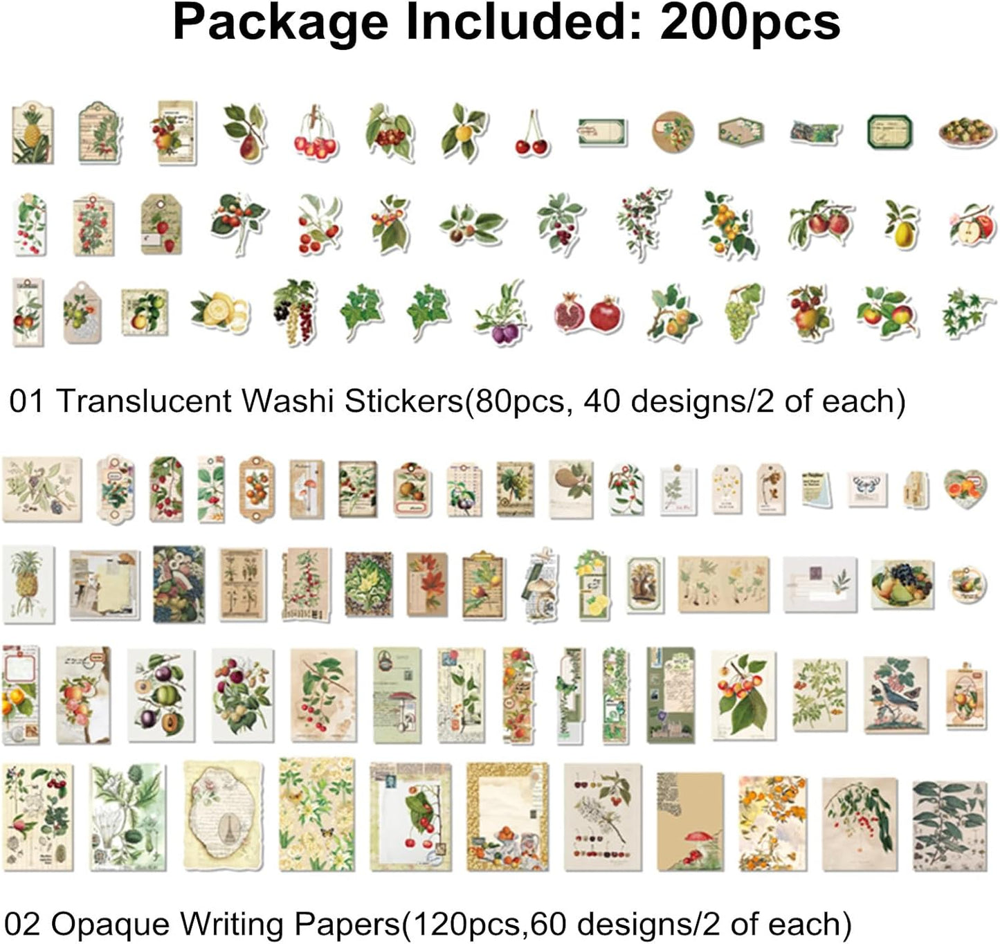 200PCS Vintage Scrapbooking Supplies Pack, Aesthetic Scrapbook Sticker Paper Art Journaling Kit for Bullet Junk Journals,Planner,Cottagecore Decor Gifts (Fruits)