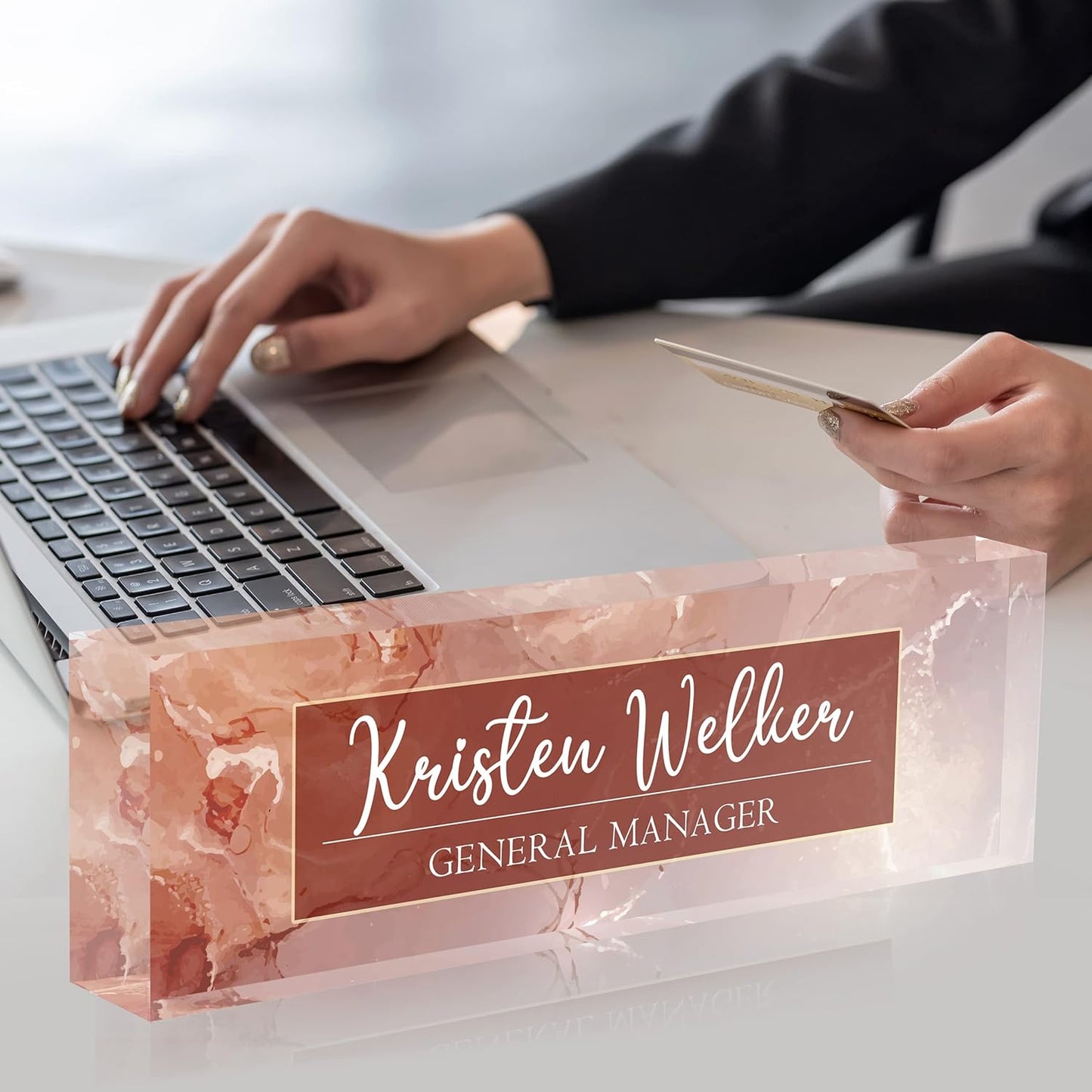 Desk Name Plate Personalized, Premium Pink Marble Acrylic Desk Name Plate, Personalized Name Plate for Desk, Office Decor for Women or Men Coworkers, Boss, Employee, Teacher
