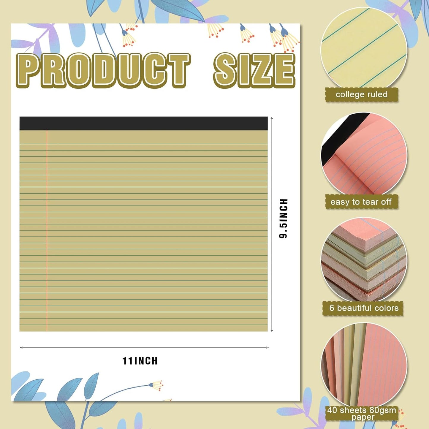 Lincia 6 Pcs 11" x 9.5" Legal Pads College Ruled Notepad Landscape Notebook Horizontal Lined Notebook 80 Gsm Assorted Colors Paper Pastel Writing Pads for School Office, 40 Sheet (Stylish Color)