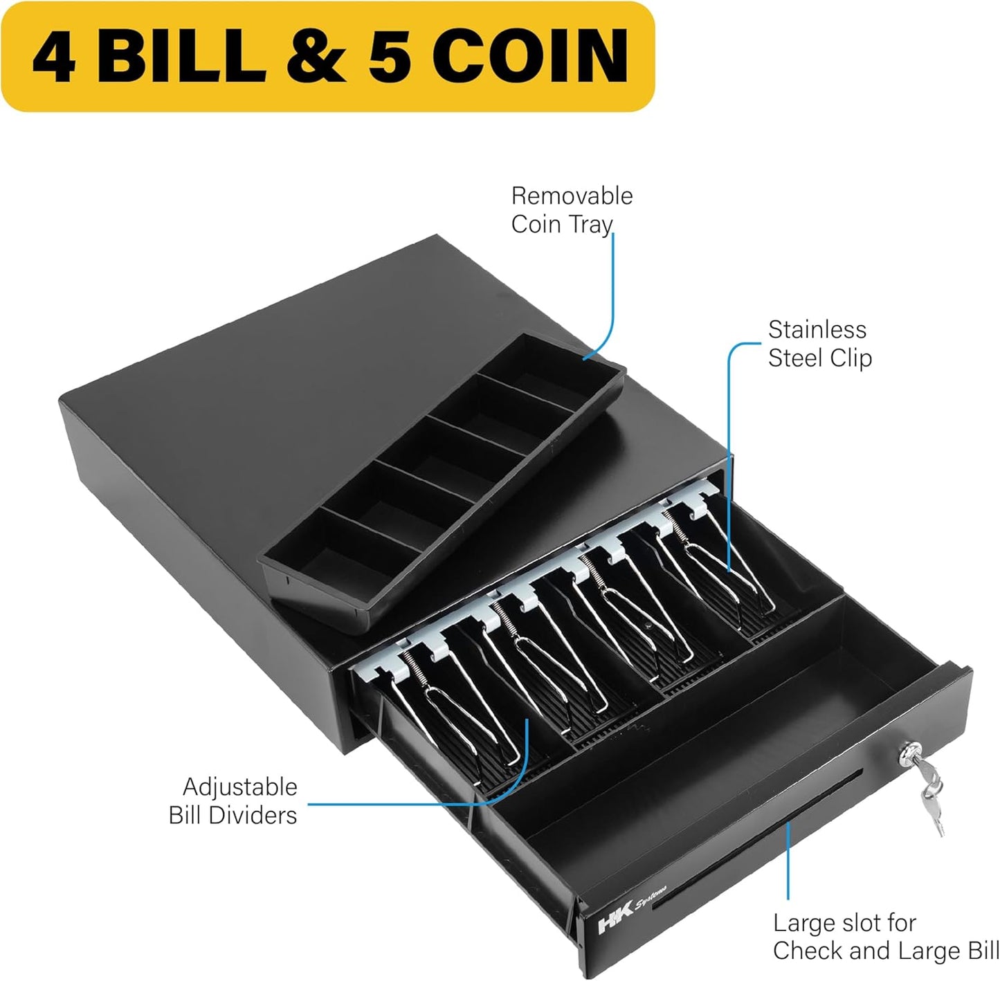 HK SYSTEMS 13inch Heavy Duty POS Cash Drawer with 4Bill/5Coin, Removable Coin Compartment, 24V, RJ11, Single Large Media Slot, Black