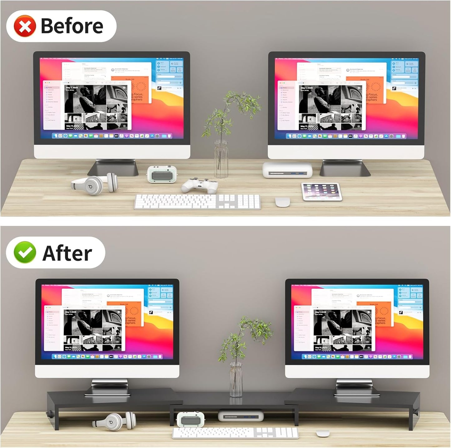 Pholiten Dual Monitor Stand Riser for 2 Monitors，Desktop Monitor Stand with Adjustable Length and Swivel Angles, Extra Long Multifunctional Stand up to 48.2" fit Computer Laptop Printer Max 44 lbs