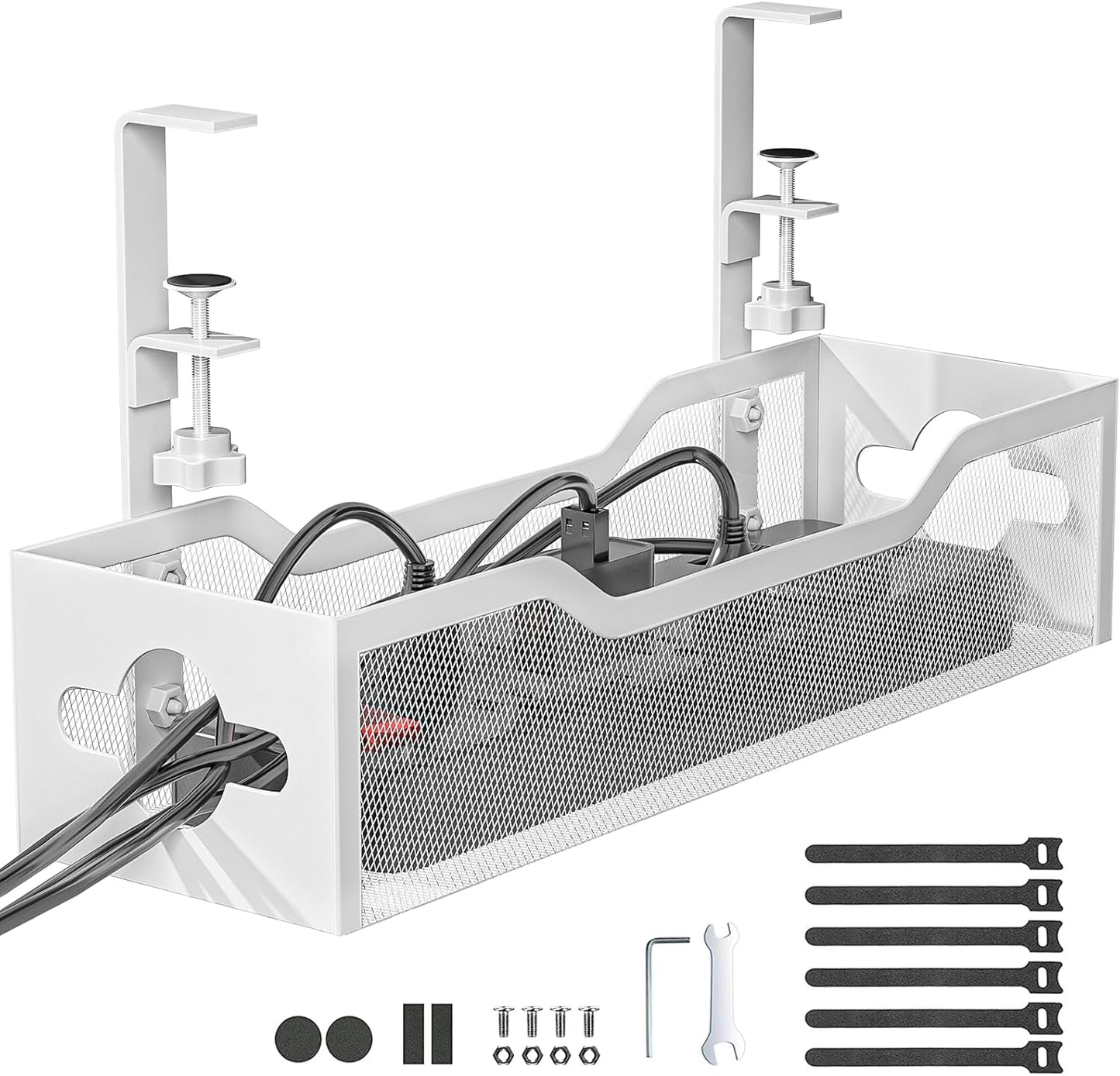 Under Desk Cable Management Tray White, Litwaro Cable Management Under Desk No Drill, Cable Organizer with Clamp for Wire Management, Cord Organizer for Office, Home No Damage to Desk