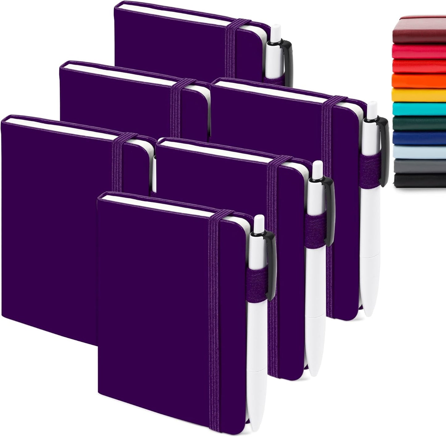 feela 6 Pack Pocket Mini Notebooks Bulk, Small Cute Memo Notepads Hardcover College Ruled Lined Journals with Pen Holder for School Business Work, with 6 Black Pens, 3.5”x 5.5”, A6, Purple