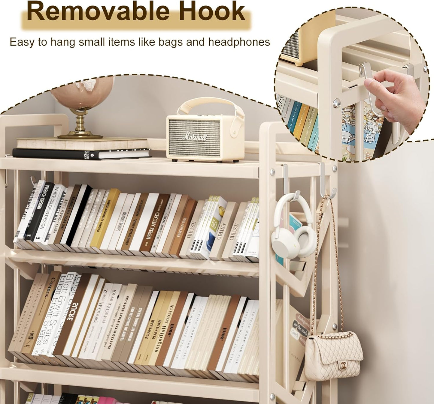 Bookshelf Movable Book Cart Multi-Layer Storage Rack Large-Capacity Rolling Cart L-Shaped Carbon Steel Shelf Suitable for Storing Books, Magazines, Newspapers, Shoes