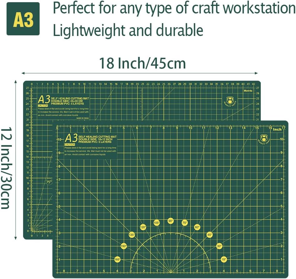 Headley Tools 18"x12" Thickened Self Healing Cutting Mat, A3 Rotary Cutting Sewing Mat for Crafts, Double Sided 5-Ply Table Cutting Board for Fabric Quilting Leather Arts Hobby Project, Green
