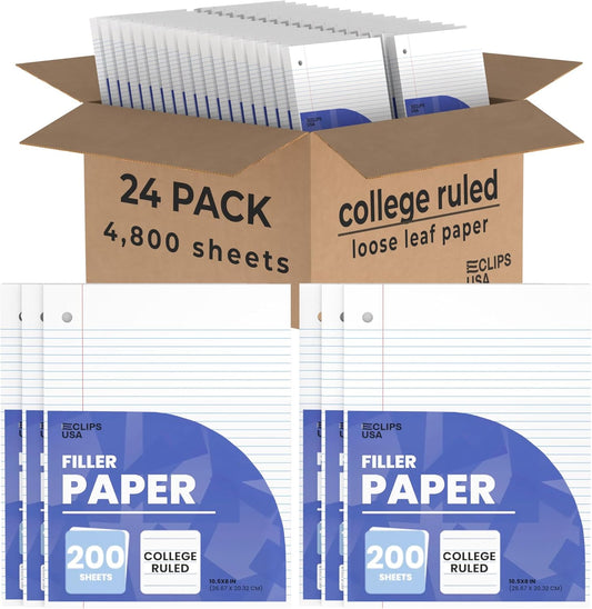 Notebook Paper, College Ruled Loose Leaf Paper (24 Pack), Filler Paper, 10.5” x 8”, Filler Paper, 200 Sheets Per Pack, 60 gsm (24 Pack)