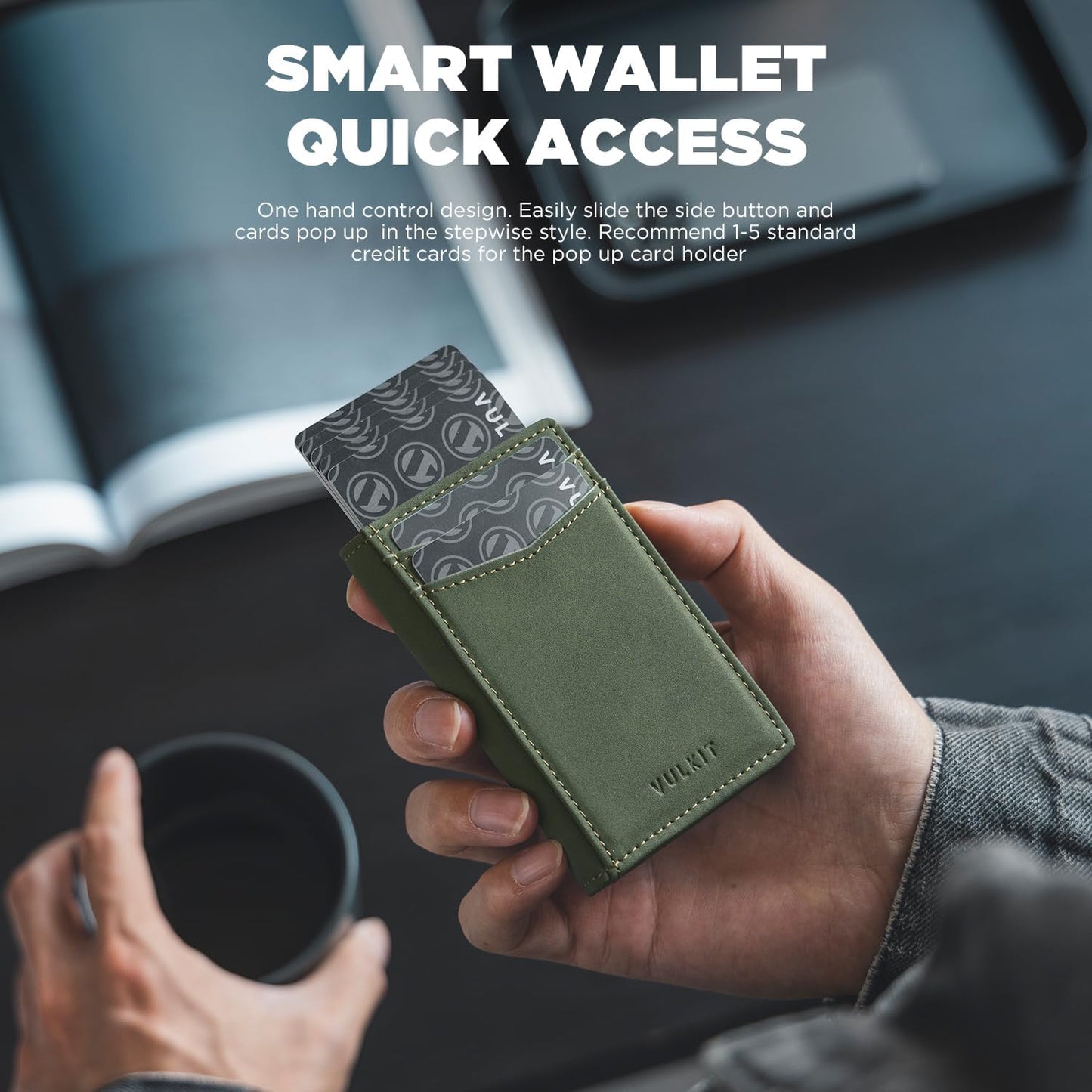 VULKIT Men's Wallet with ID Window Premium Leather Wallets RFID Blocking Minimalist Wallet Pop Up Card Holder Magnetic Closure