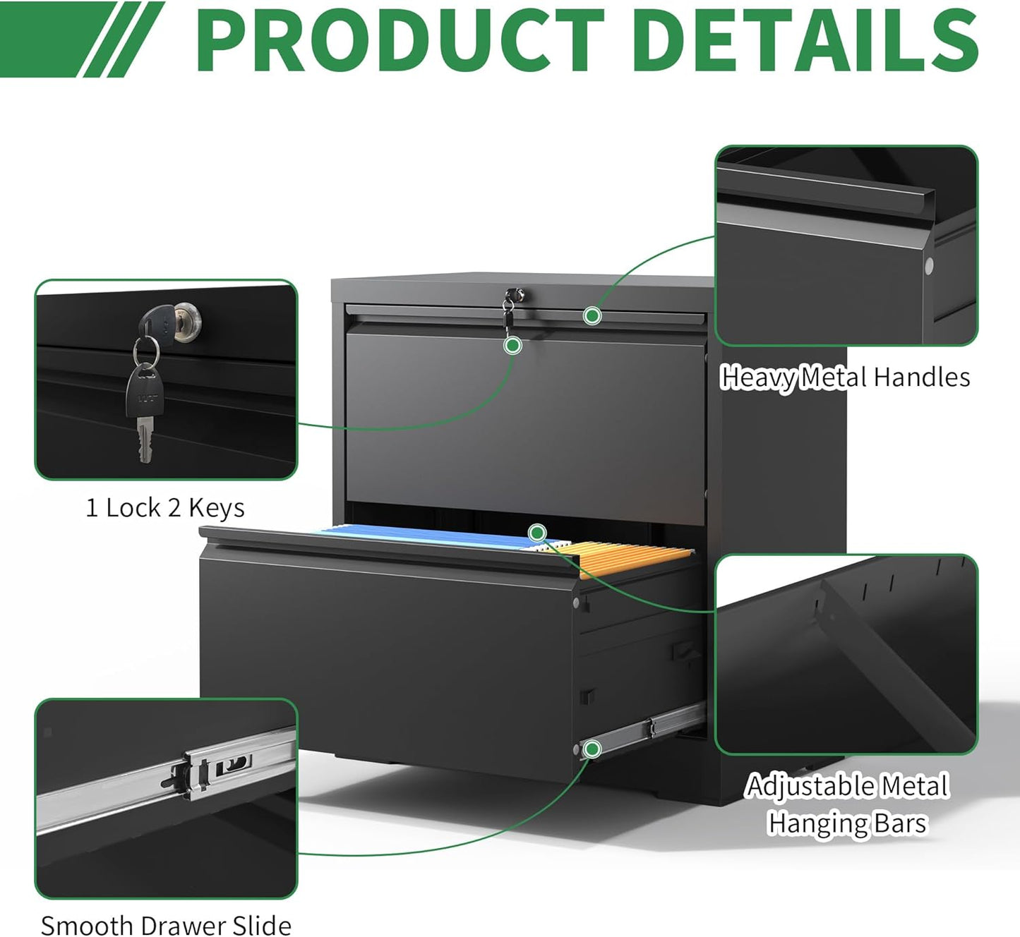 2 Drawer Lateral File Cabinet with Lock, File Cabinets for Home Office Legal/Letter A4 Size, File Cabinet Storage Cabinet,Require Assembly, Black