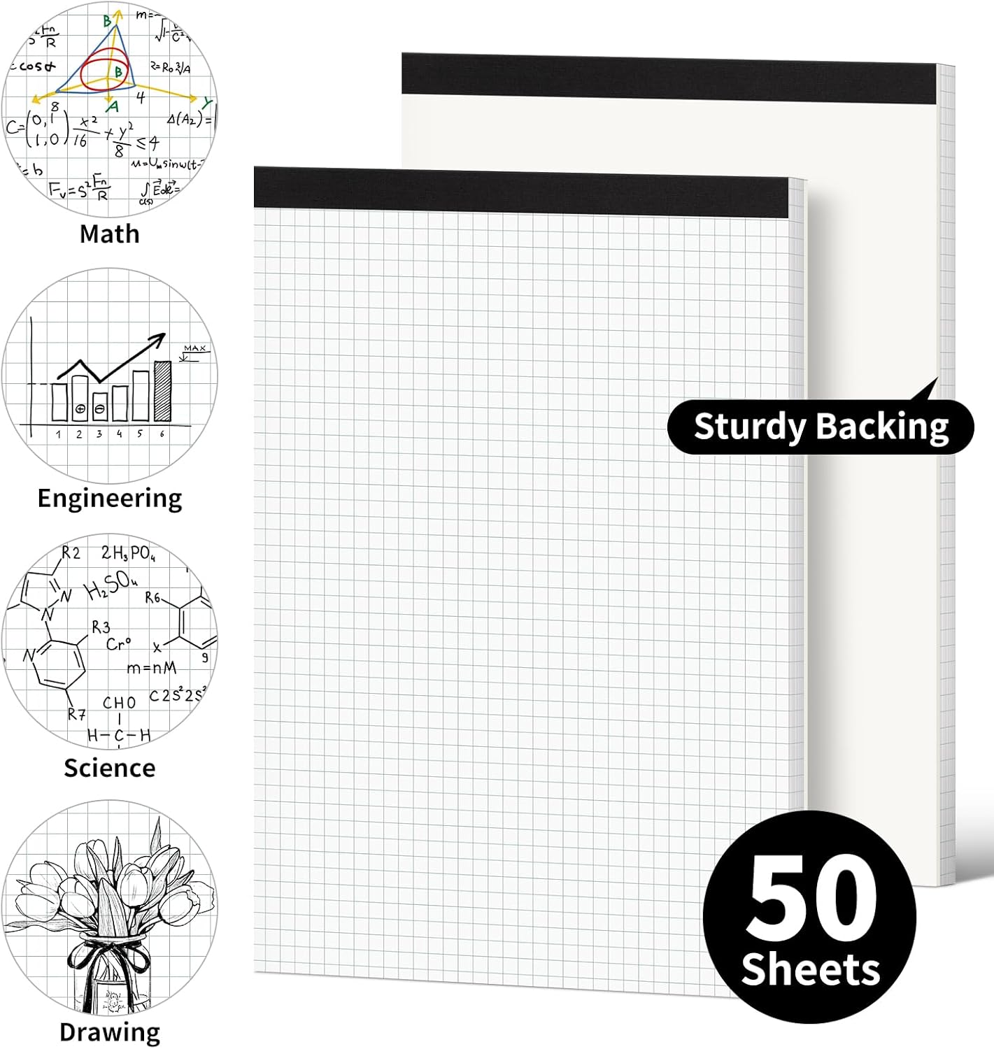 Graph Paper Notebook, 8 Pack, 8.5 x 11 Grid Paper, 4x4 Graph Ruled, 50 Sheets per Pad, Easy-Tear Perforations, 8.5 x 11 Cardboard Backing, for Math, Drafting, Drawing, Engineering