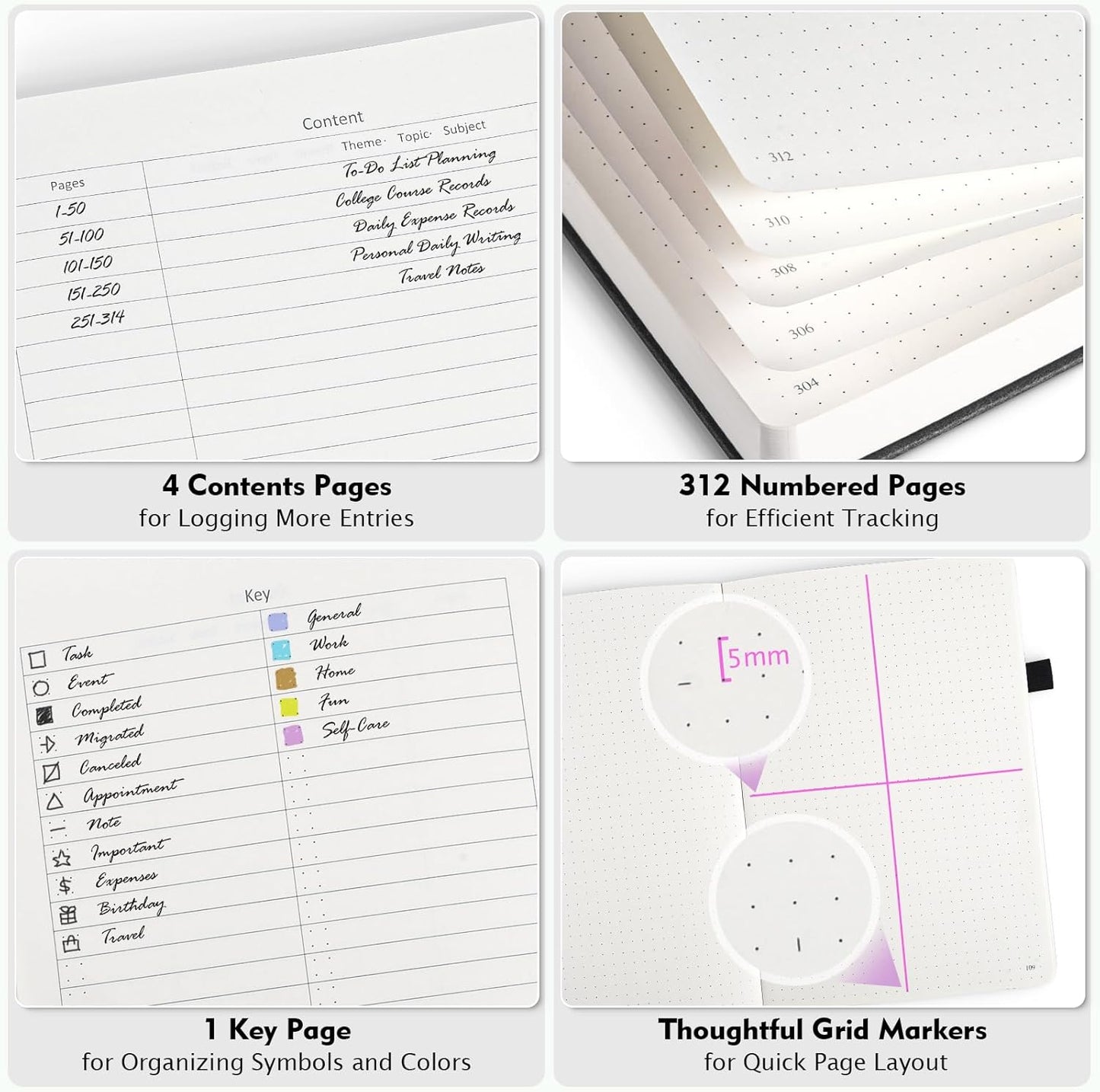 Bullet Dotted Journal Notebook, 312 Numbered Pages A5 Hardcover Leather Journal, 100gsm No Bleed Paper Dot Grid Notebook with Index Pages, Dot Journal for Women Men, 5.75" x 8.38", Black