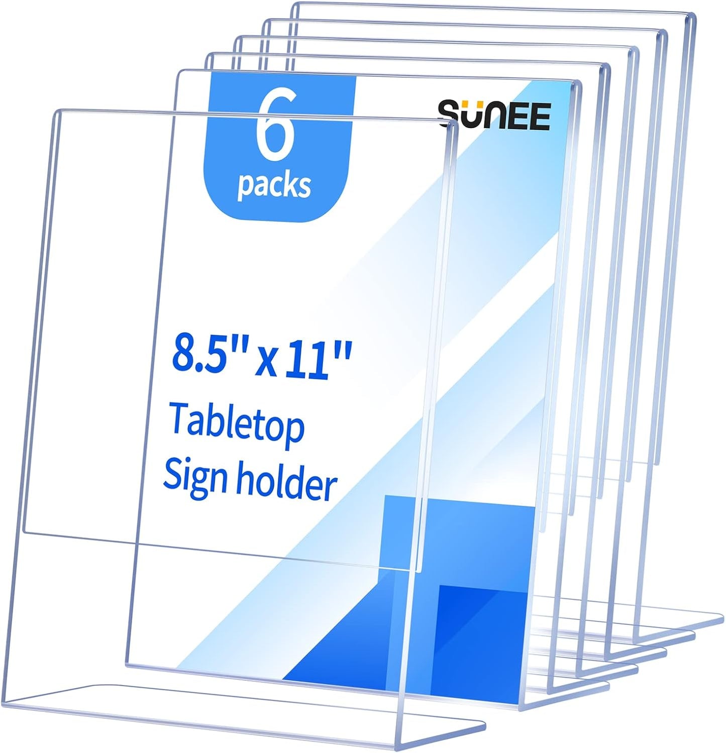 SUNEE 6 Packs Clear Plastic Sign Holders for 8.5x11 Paper, Vertical L-shape Frame for Displaying Signs and Menus