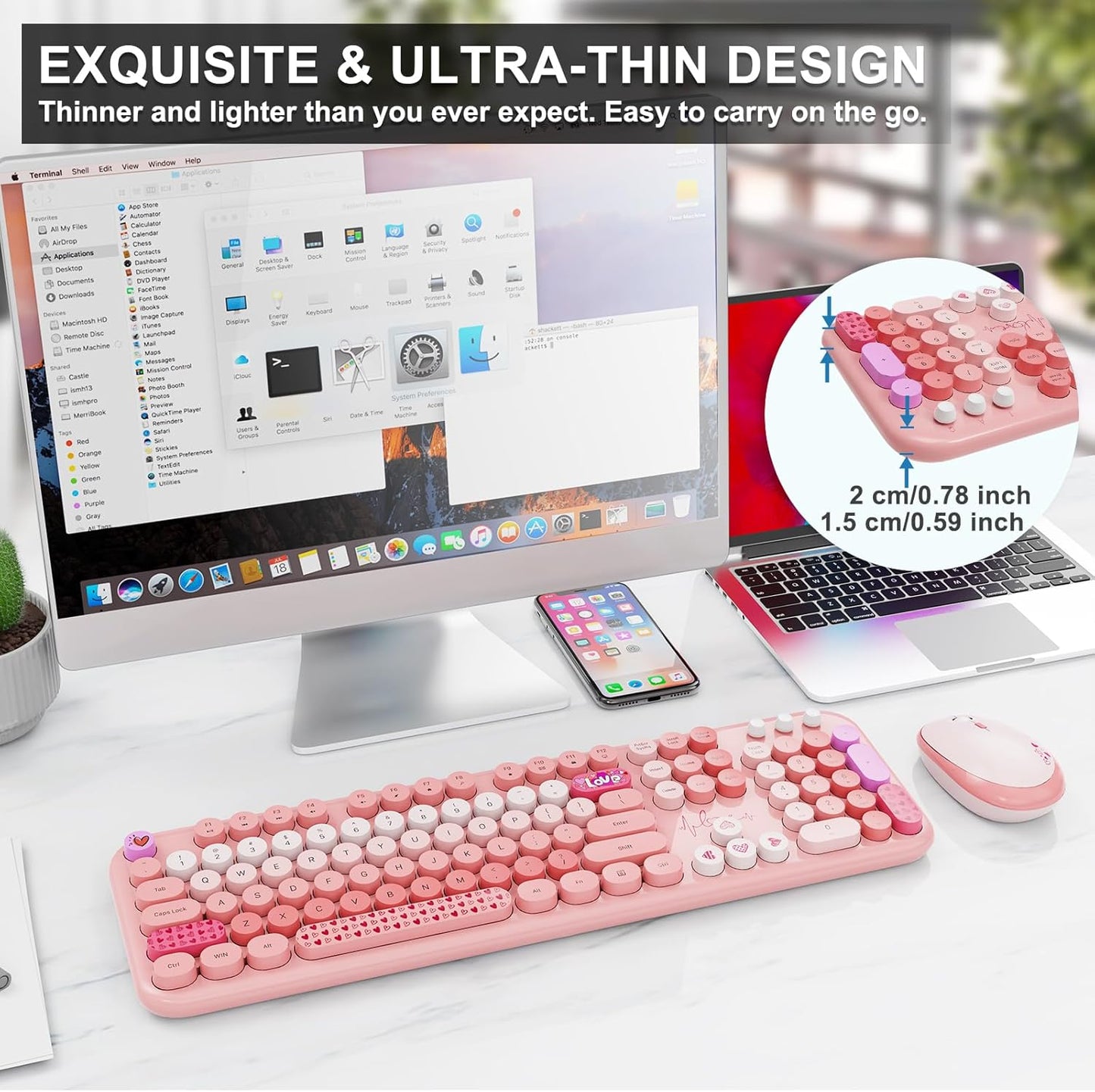 Wireless Keyboard and Mouse Combo, 104 Round Keys Full-Size Cute Colorful Pink Cordless Keyboard and Mouse with Retro Typewriter for PC/Mac/Laptop/Tablet/Computer/Windows Pink