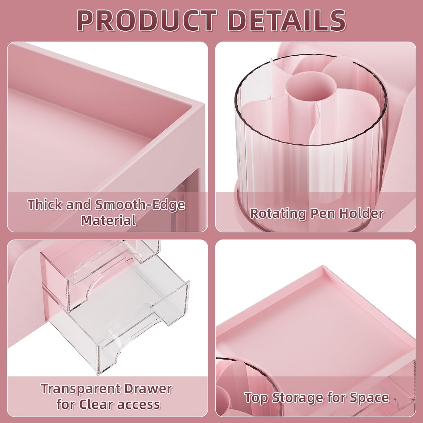 Marbrasse Desk Organizer with 2 Drawer, 360°Rotating Pen Holder, Desk Organizers and Accessories with 6 Slots Pencil Organizer + 2 Drawer, Art Supply Storage Box Caddy for Office (Pink)